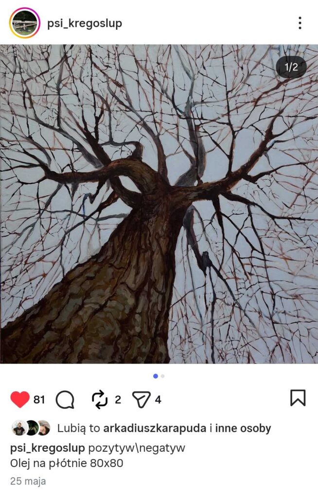 Obraz olejny przedstawiający drzewo autorstwa Weroniki Kuzak opublikowany na jej profilu na Instagramie